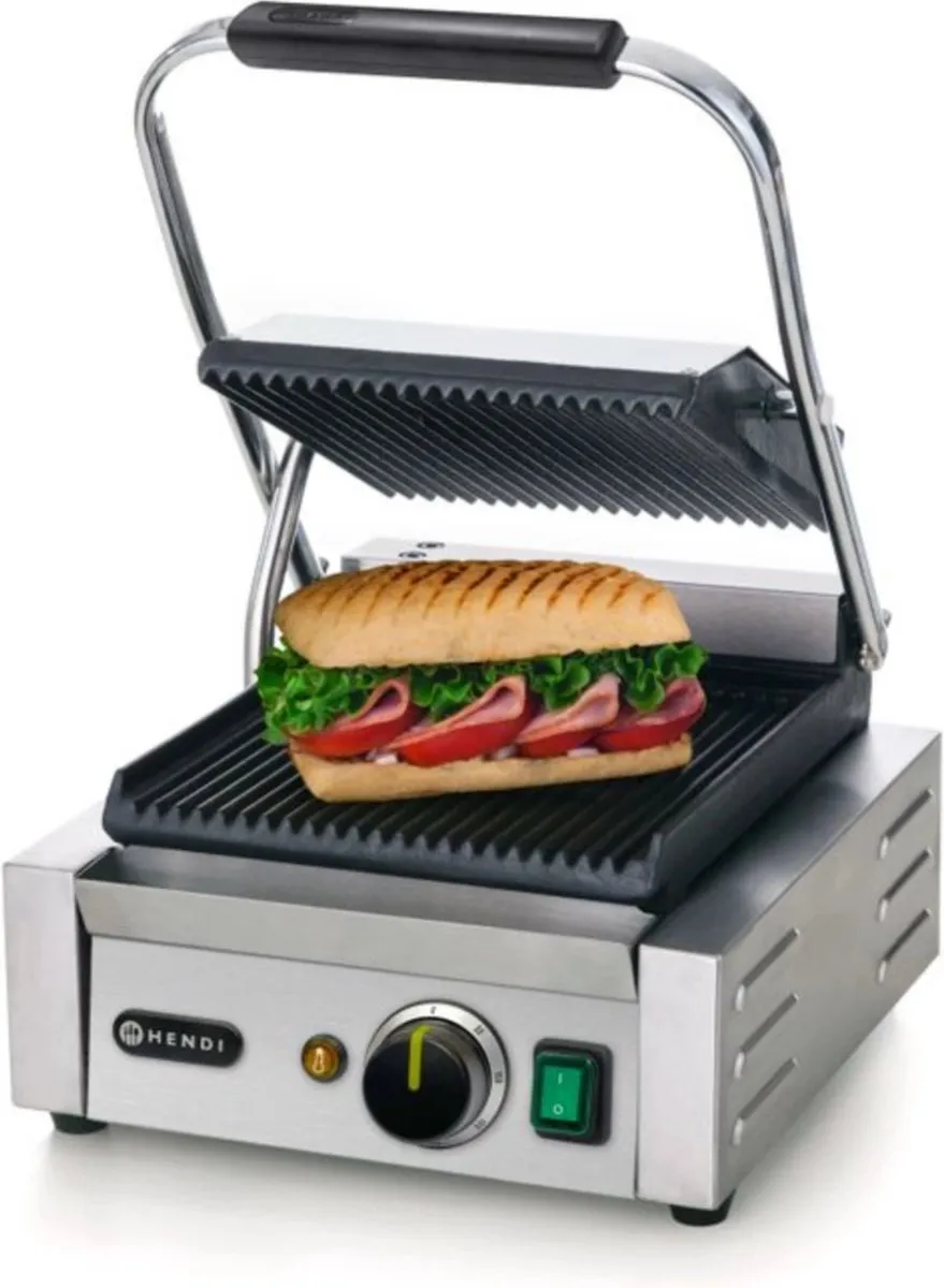 HENDI Enkel contactgrill – geribd boven en onder – 230V/1800W – 310x426x510 mm