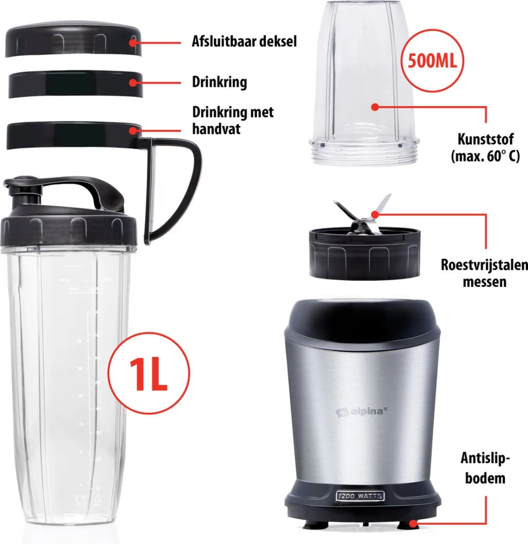 Alpina Smoothie Maker Blender To Go 1200W - 1L - Zilverkleurig