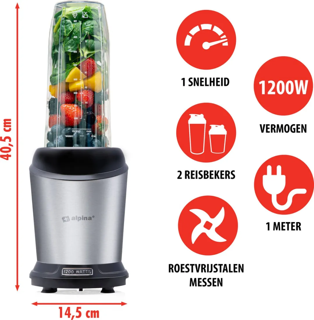 Alpina Smoothie Maker Blender To Go 1200W - 1L - Zilverkleurig