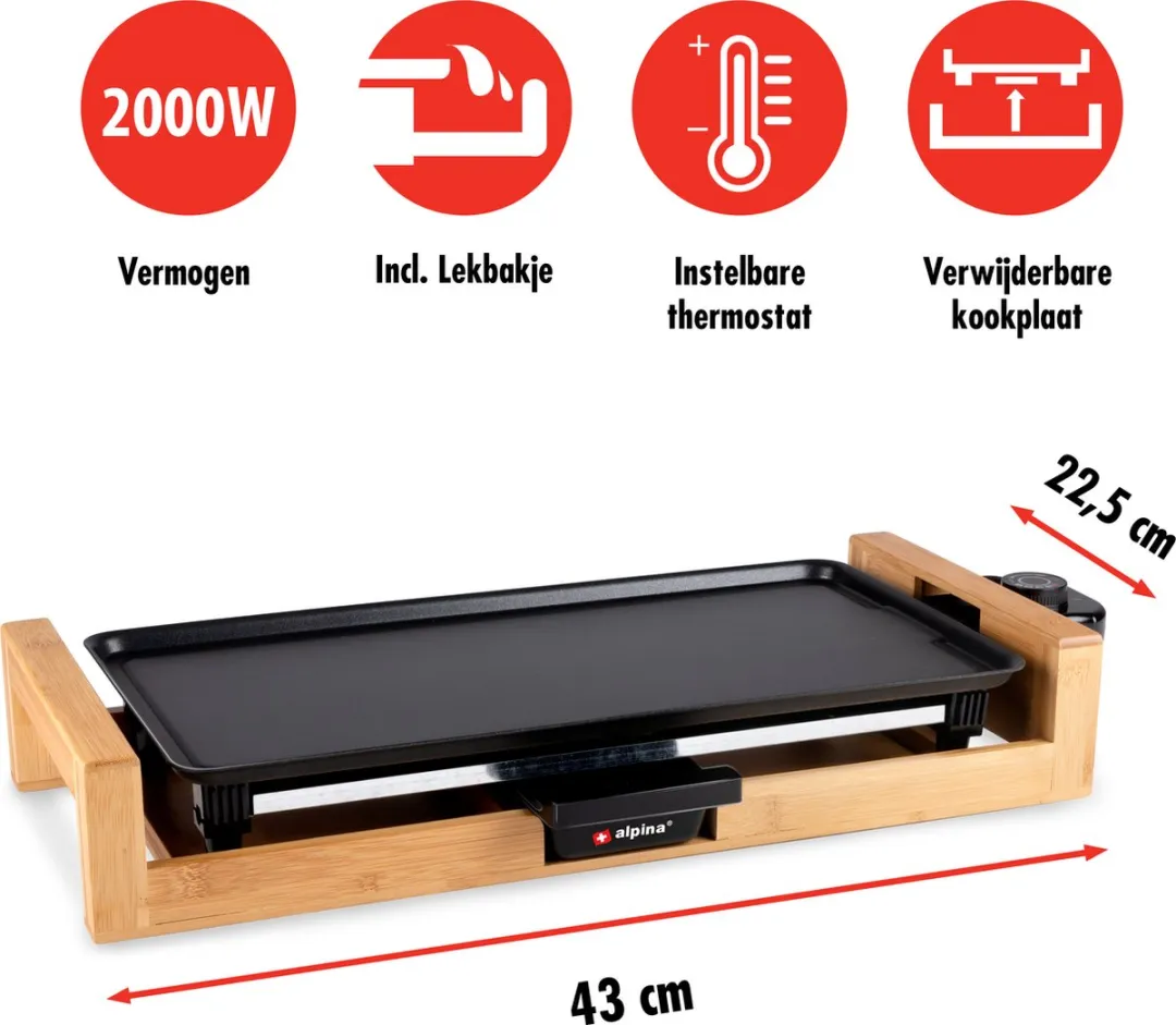 Alpina Teppanyaki Bakplaat 2000W - 43x22,5cm - Bamboo/RVS