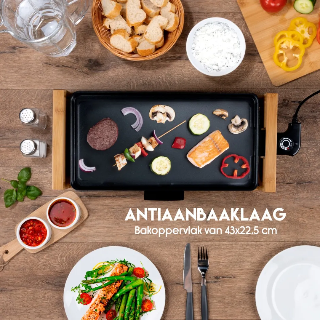 Alpina Teppanyaki Bakplaat 2000W - 43x22,5cm - Bamboo/RVS