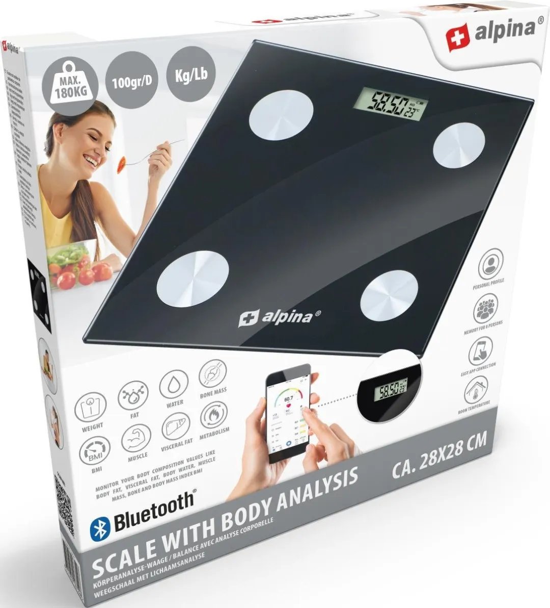 Alpina Personenweegschaal Digitale Slimme - 180kg - Zwart