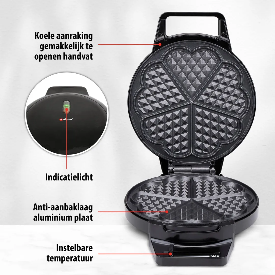 Alpina Wafelmaker Hartvorm 1000W - 2 Platen - 5 Wafels - Zwart