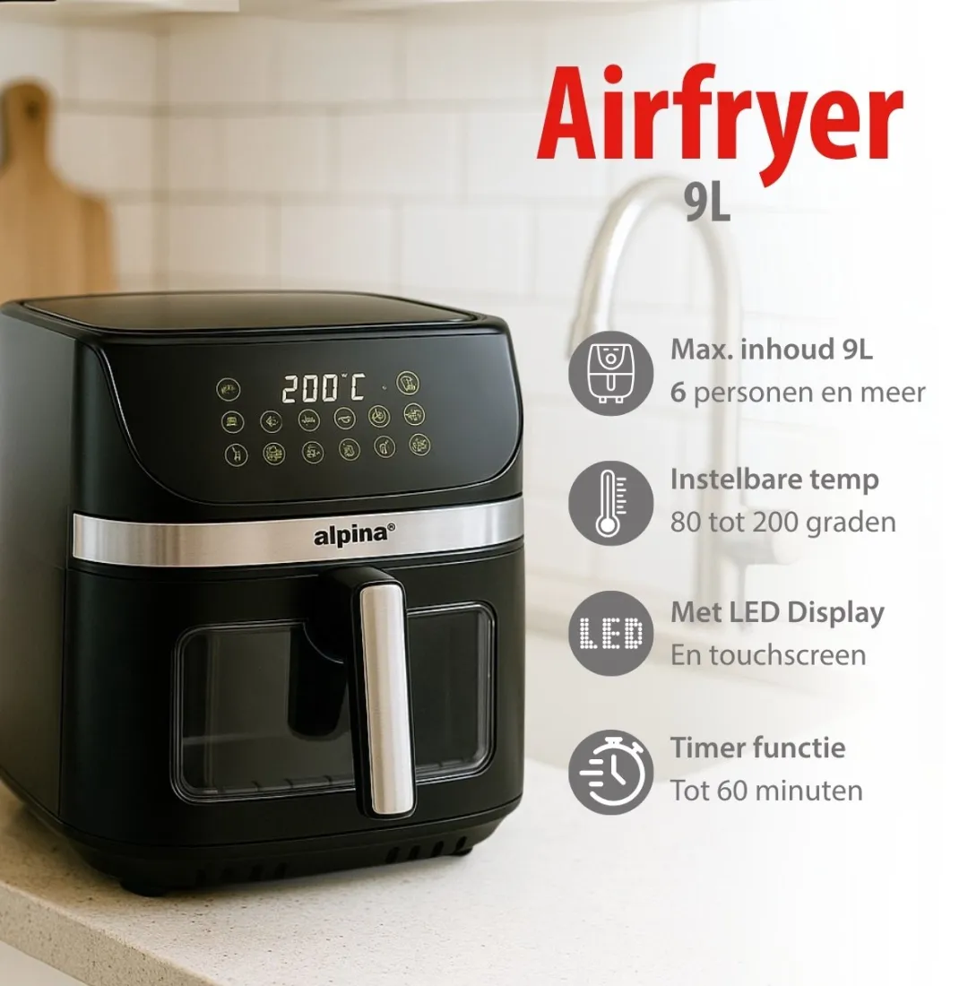 Alpina Airfryer XXL 9L - 1800W - 8 Programma's - Zwart