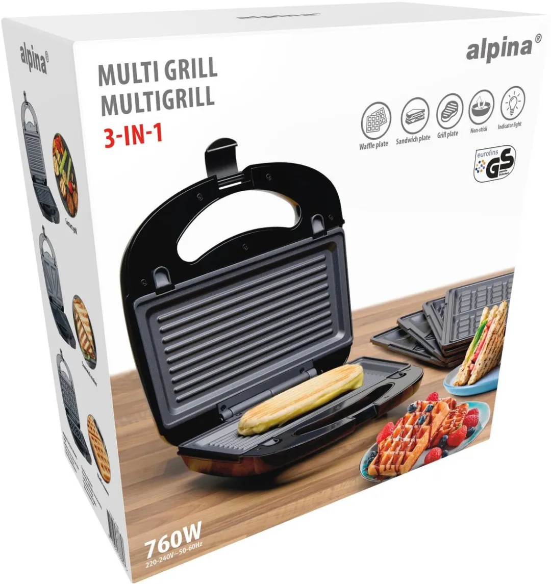 Alpina 3-in-1 Tosti/Wafel/Grillapparaat - 760W - Zilver