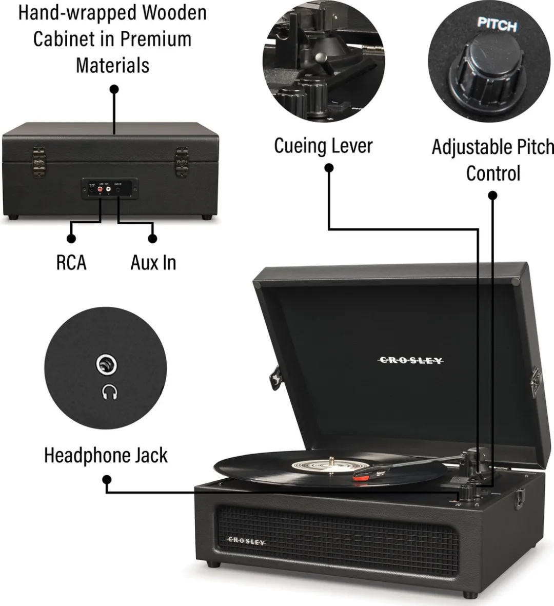 Crosley Voyager CR8017B-BK4 Platenspeler - Zwart - afbeelding 3 van 6