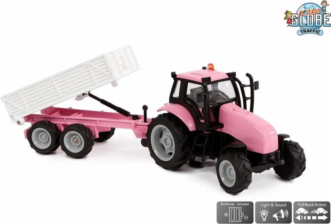 Kids Globe Die-cast Tractor met Aanhanger Roze - 510241