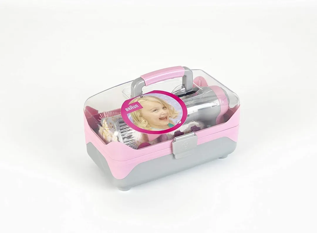 Klein Toys Braun hairstyling koffer met haardroger - haaraccessoires, spiegel, lippenstift en parfum - incl. ventilator met koude-lucht-mechanisme - roze grijs