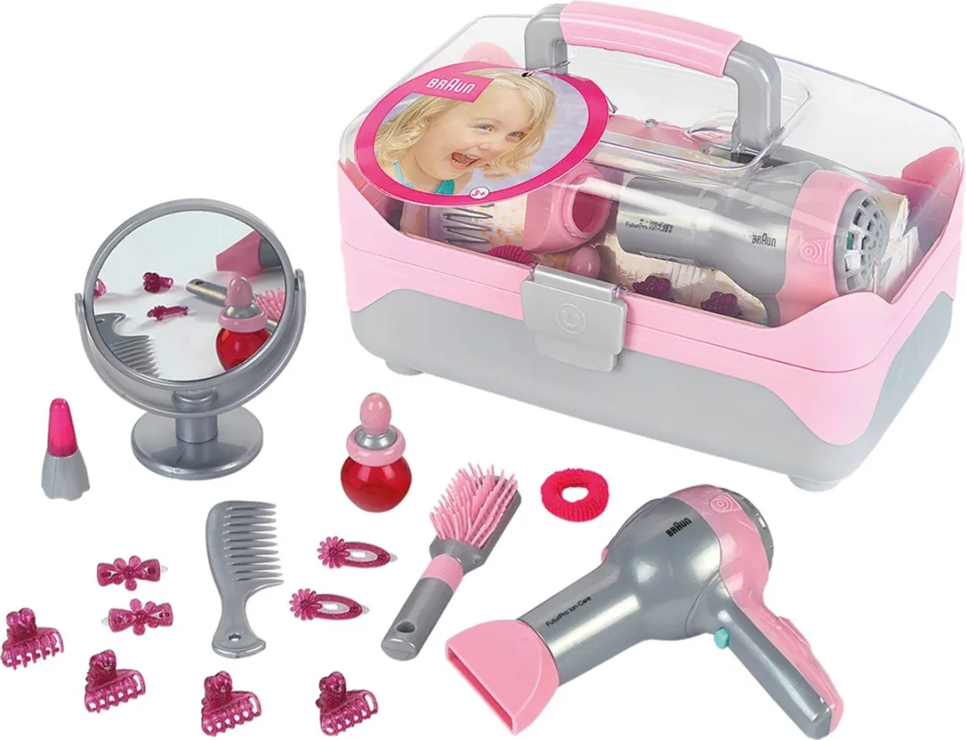 Klein Toys Braun hairstyling koffer met haardroger - haaraccessoires, spiegel, lippenstift en parfum - incl. ventilator met koude-lucht-mechanisme - roze grijs