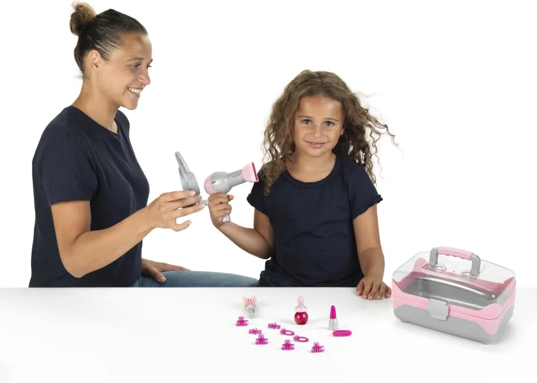 Klein Toys Braun hairstyling koffer met haardroger - haaraccessoires, spiegel, lippenstift en parfum - incl. ventilator met koude-lucht-mechanisme - roze grijs