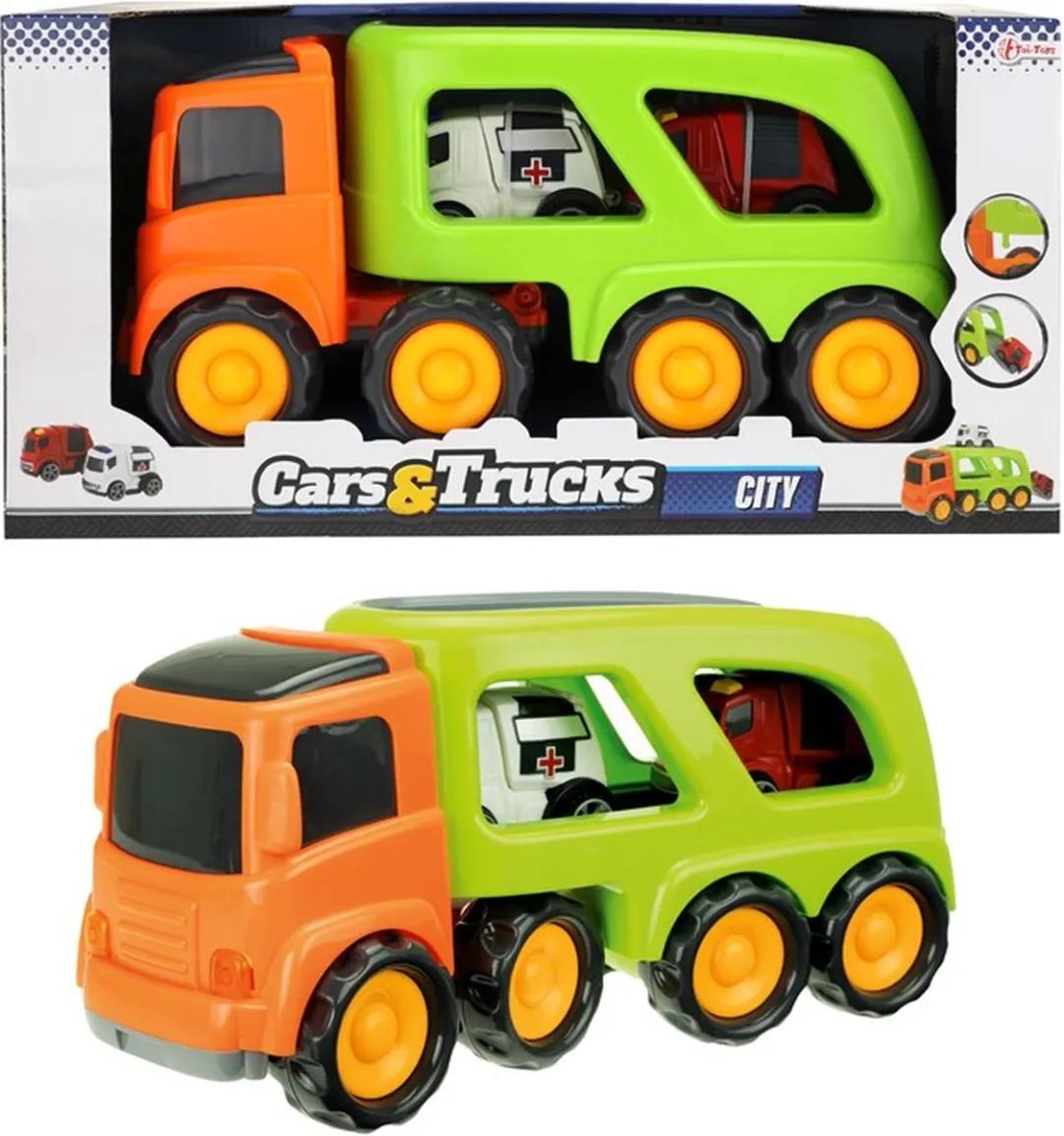 Toi-Toys Truck met Hulpdienstvoertuigen 45cm - Oranje/Groen