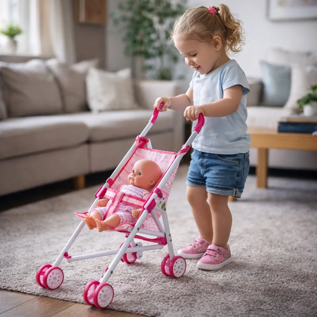 Eddy Toys Poppenwagen Roze Inklapbaar - 35x25x55cm
