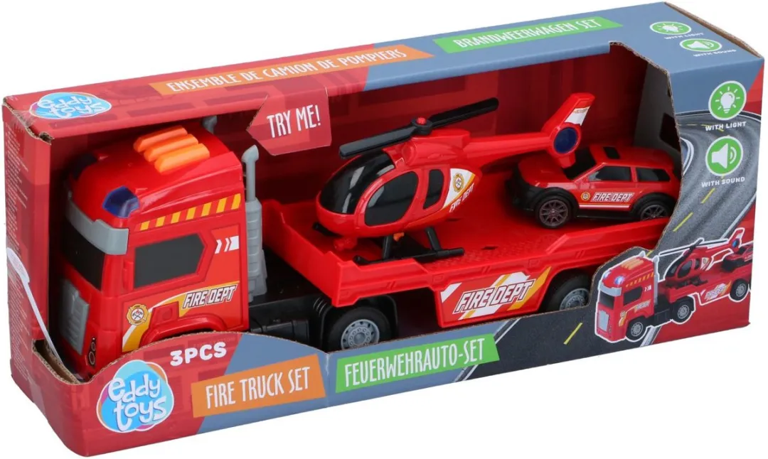 Eddy Toys Brandweerwagen Set 3 Stuks - Rode Set met Brandweerauto, Helikopter & Oplegger