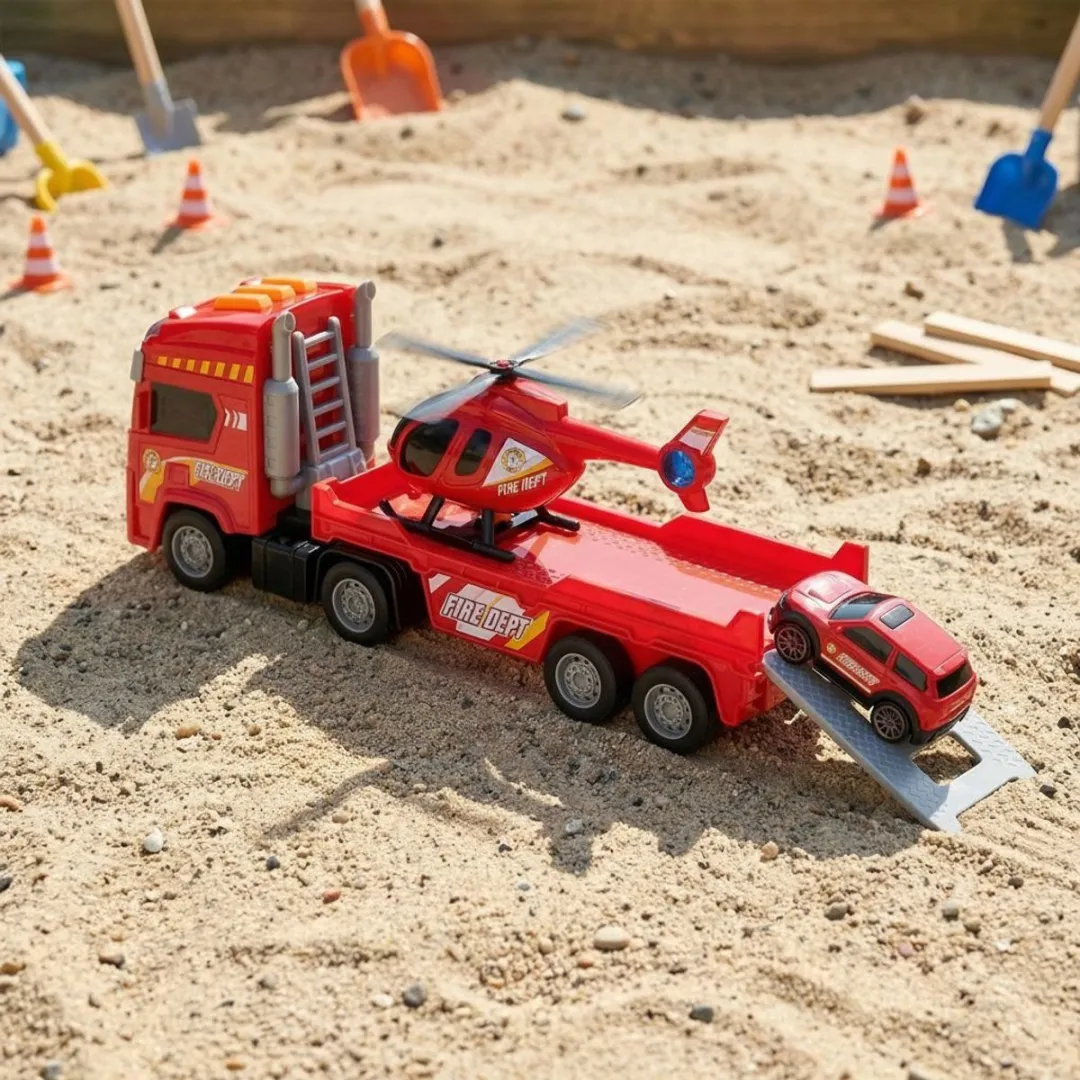 Eddy Toys Brandweerwagen Set 3 Stuks - Rode Set met Brandweerauto, Helikopter & Oplegger