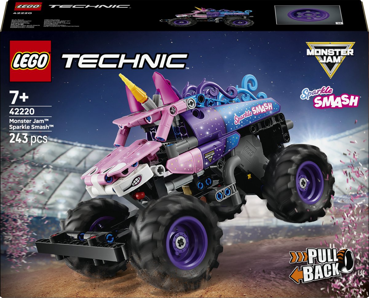 LEGO Technic Monster Jam Sparkle Smash speelgoedauto met terugtrekmotor.
