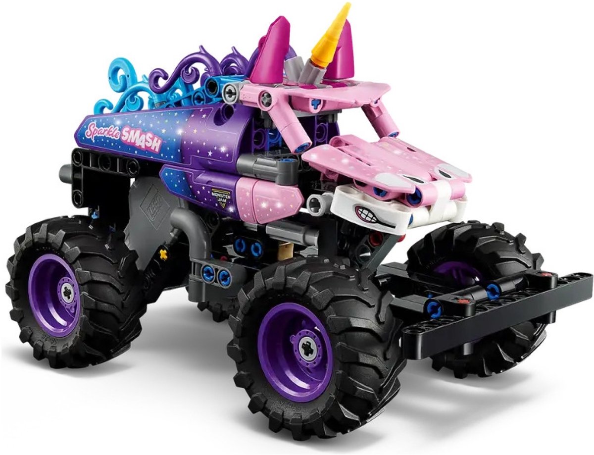 LEGO Technic Monster Jam Sparkle Smash speelgoedauto met terugtrekmotor.