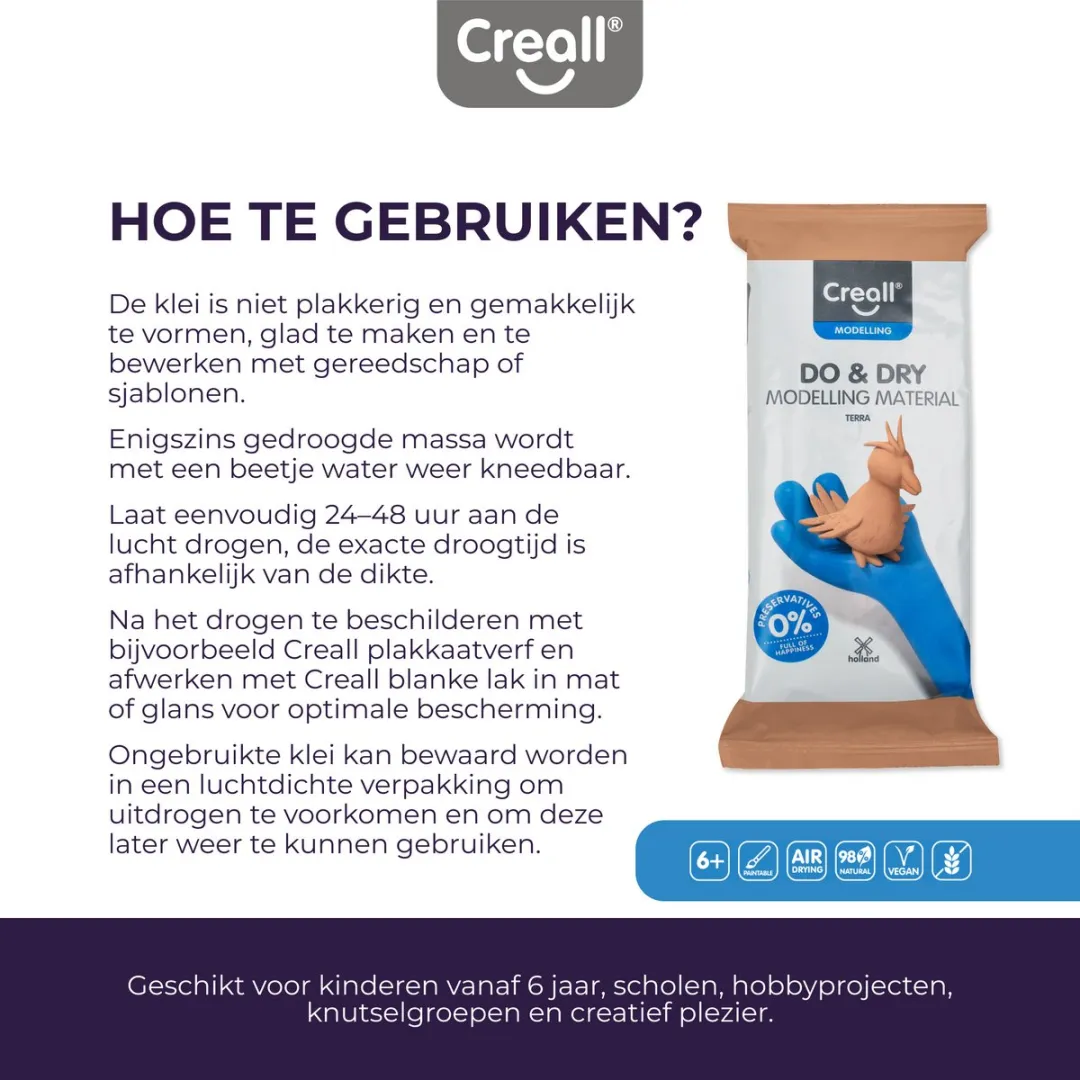 Creall Do & Dry | Luchtdrogende klei kleur Terra | 1 x 1000g | Made in Holland | Zacht en klaar voor gebruik | Made in Holland | Knutselwerk kinderen, school, hobby, DIY en creatieve projecten