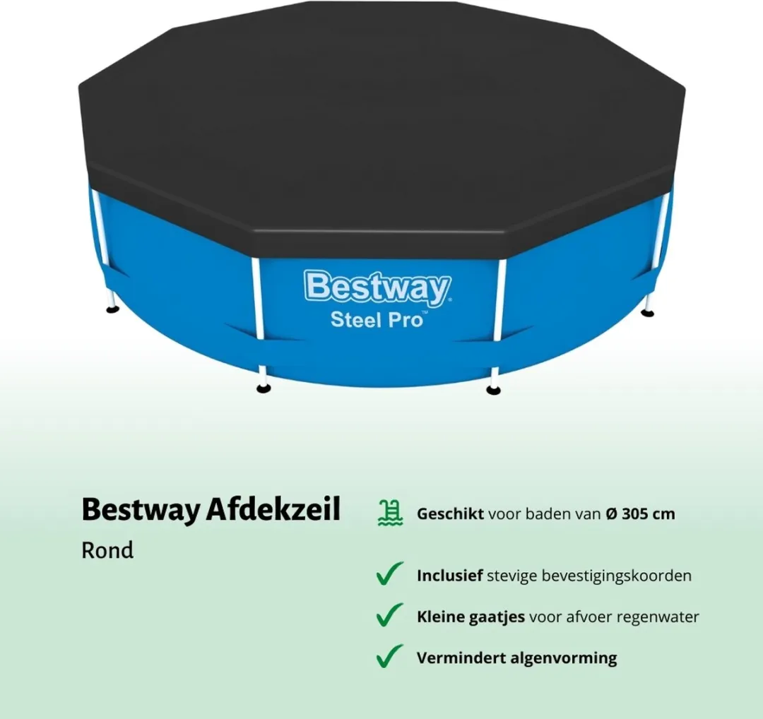 Bestway Rond Opblaasbaar Fast Set Zwembad - 305 x 76 cm - Blauw - Inclusief Afdekzeil - Onderhoudspakket - Pomp - Vloertegels