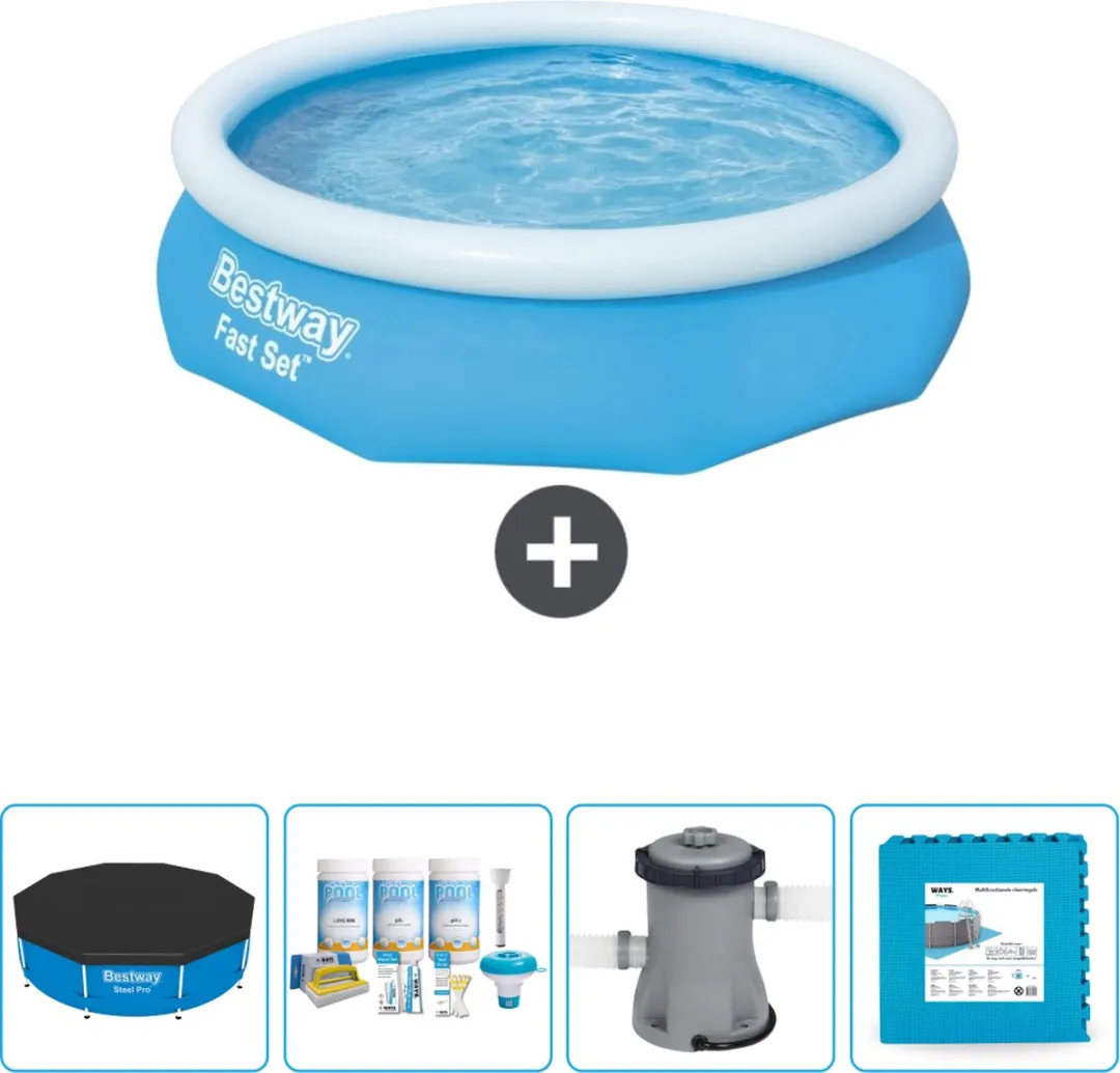 Bestway Rond Opblaasbaar Fast Set Zwembad - 305 x 76 cm - Blauw - Inclusief Afdekzeil - Onderhoudspakket - Pomp - Vloertegels