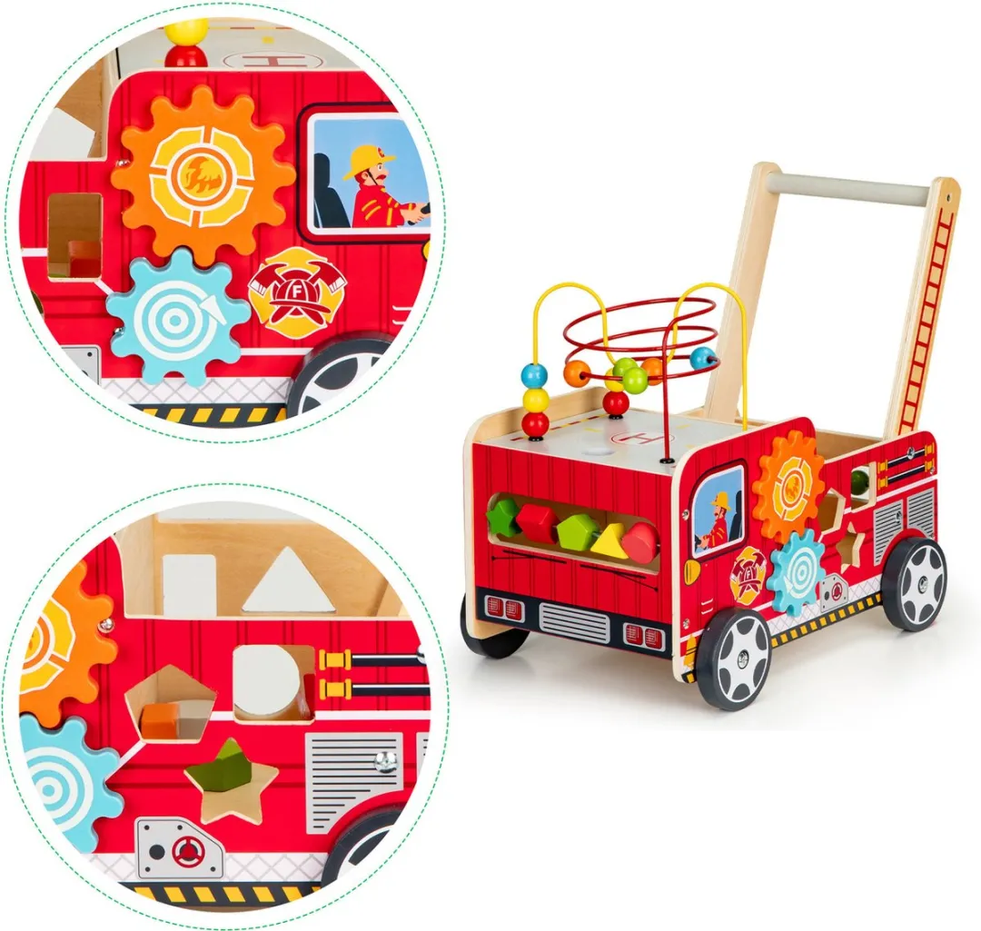 ECOTOYS Loopwagen Brandweer Houten Wagen - Rood