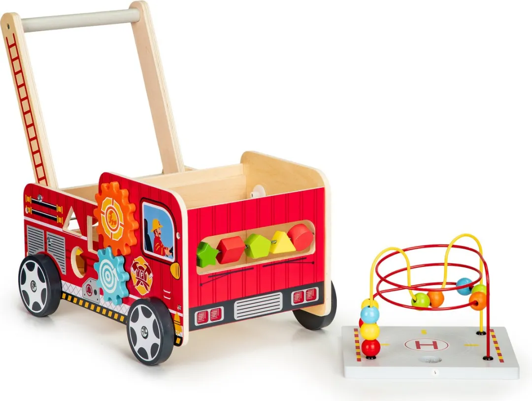 ECOTOYS Loopwagen Brandweer Houten Wagen - Rood
