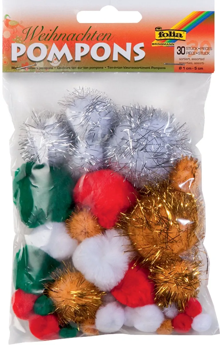 Folia Kerstglitterpompons - 30 Stuks - 3 Kleuren