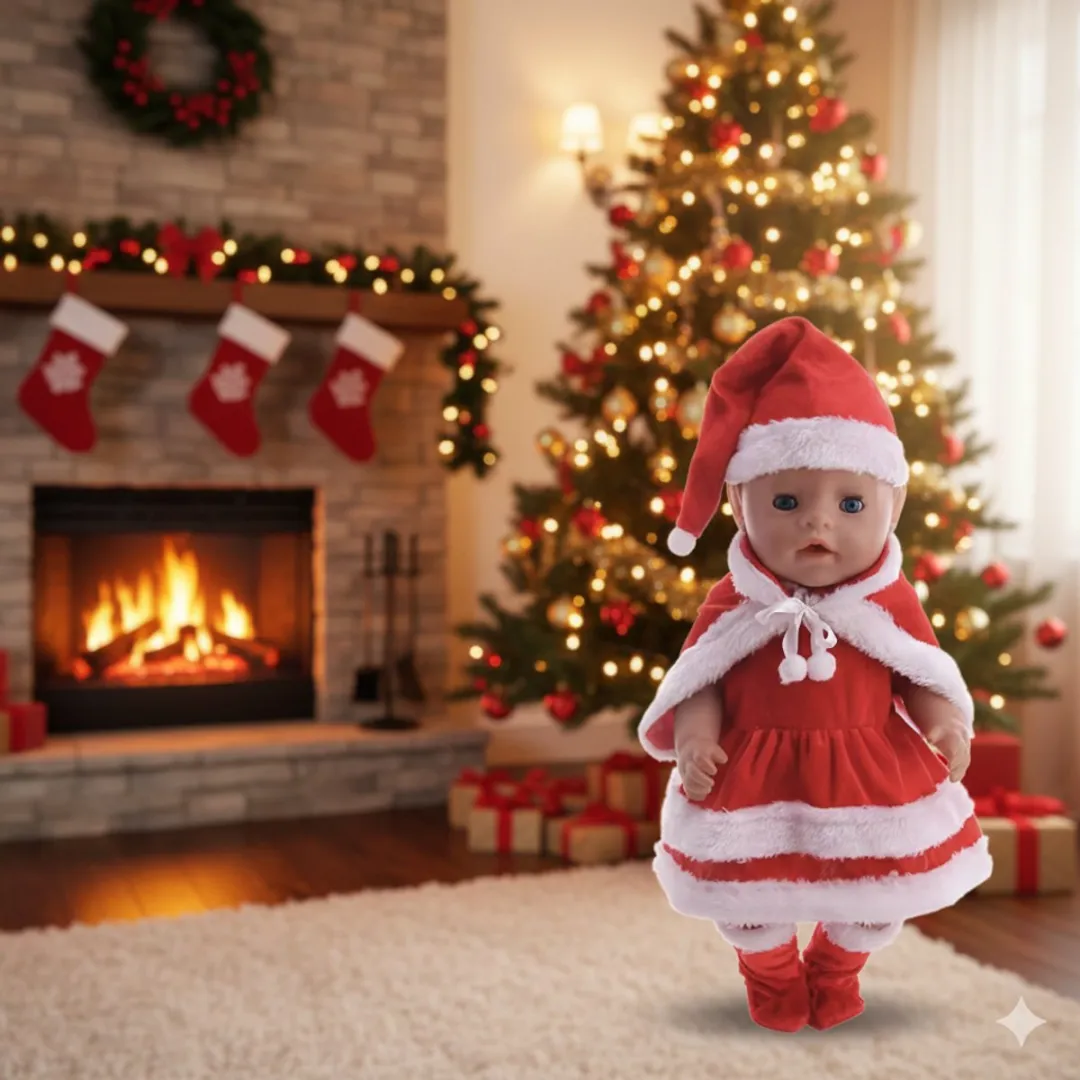 Happy U Kids Kerst Outfit Babypop - Rood Jurkje met Mantel & Muts