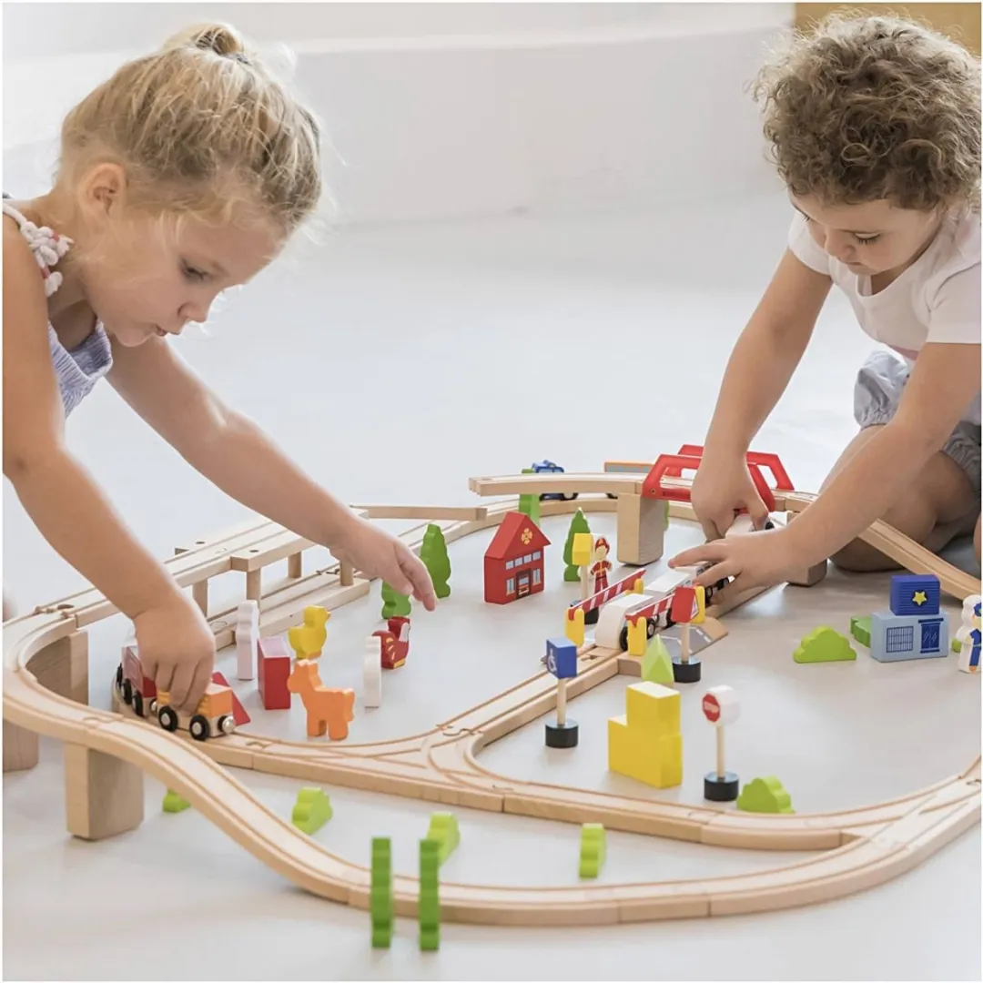 Viga Toys Houten Trein Set 90-delig - Universele rails
