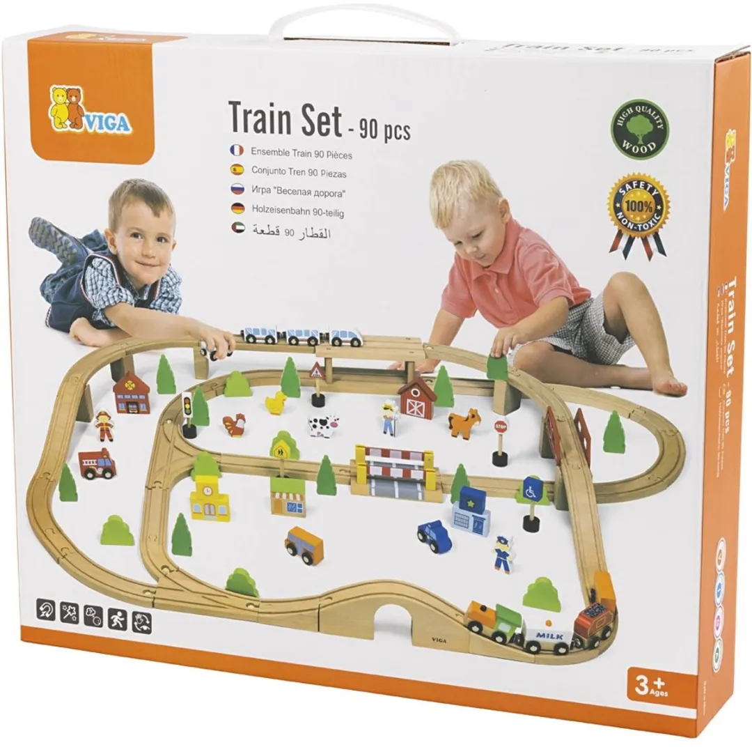 Viga Toys Houten Trein Set 90-delig - Universele rails
