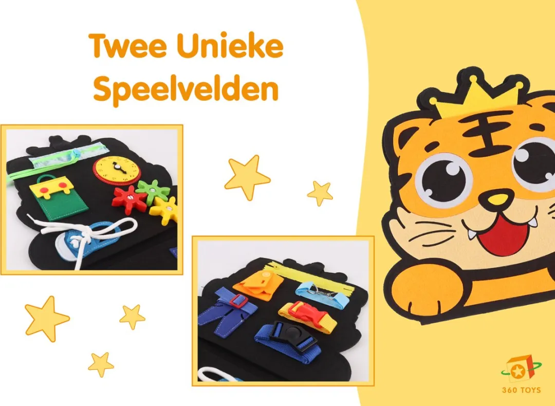 360 Toys® - Busy Board Tijger - Bevat 2 Speelvelden - STEM Speelgoed - Babyspeelgoed 6 maanden - Montessori Speelgoed
