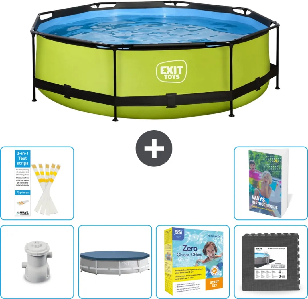 EXIT Rond Lime Frame Zwembad - 300 x 76 cm - Inclusief Pomp Afdekzeil - Onderhoudspakket - Vloertegels - 7-delig