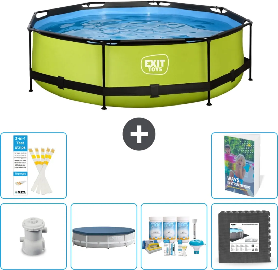 EXIT Rond Lime Frame Zwembad - 300 x 76 cm - Inclusief Pomp Afdekzeil - Onderhoudspakket - Vloertegels - 7-delig