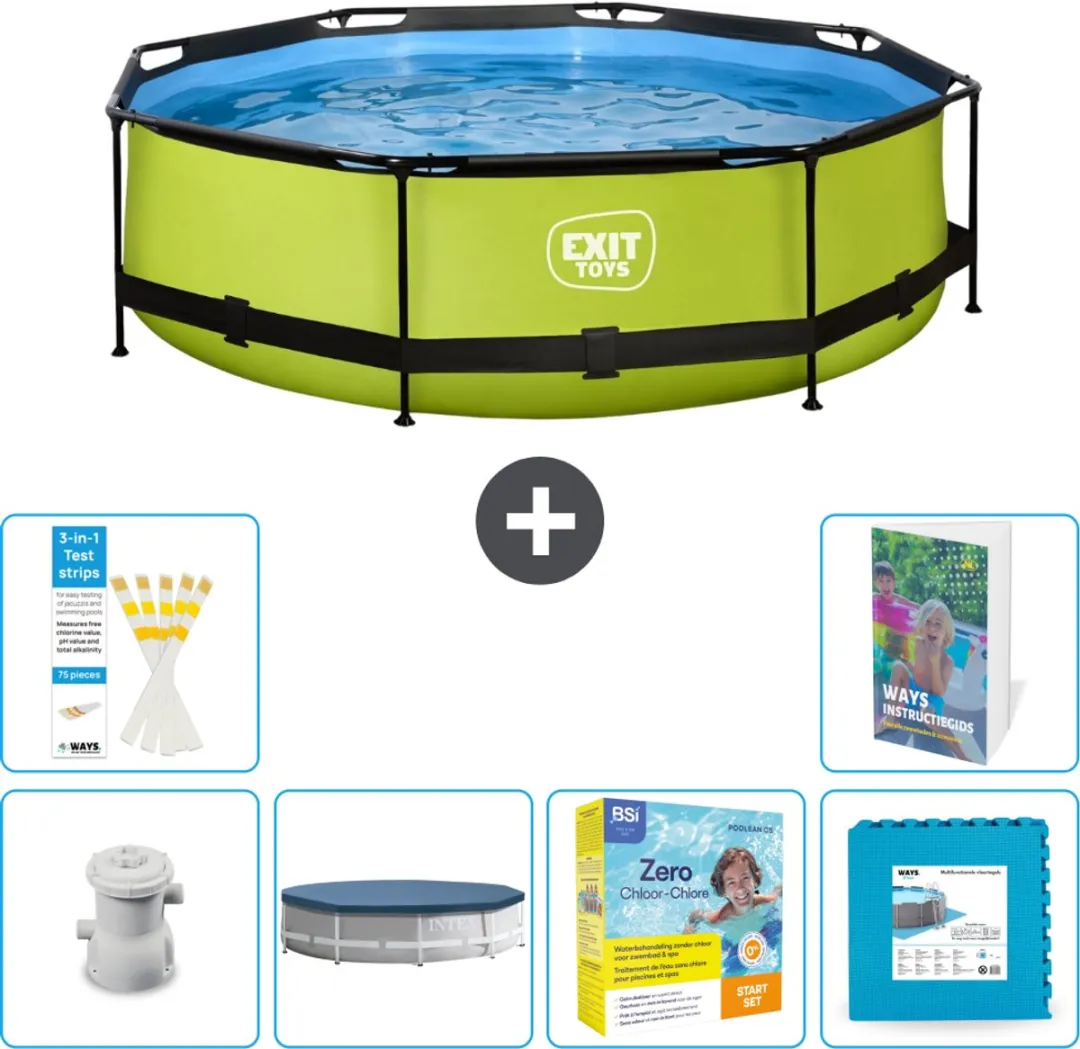 EXIT Rond Lime Frame Zwembad - 300 x 76 cm - Inclusief Pomp Afdekzeil - Onderhoudspakket - Vloertegels - 7-delig