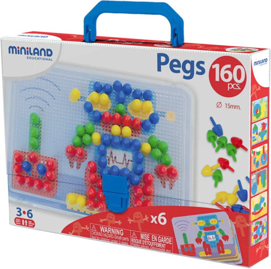 Miniland Mozaïek Pegs 15mm - 160 Stuks + 6 Werkbladen - Multicolor