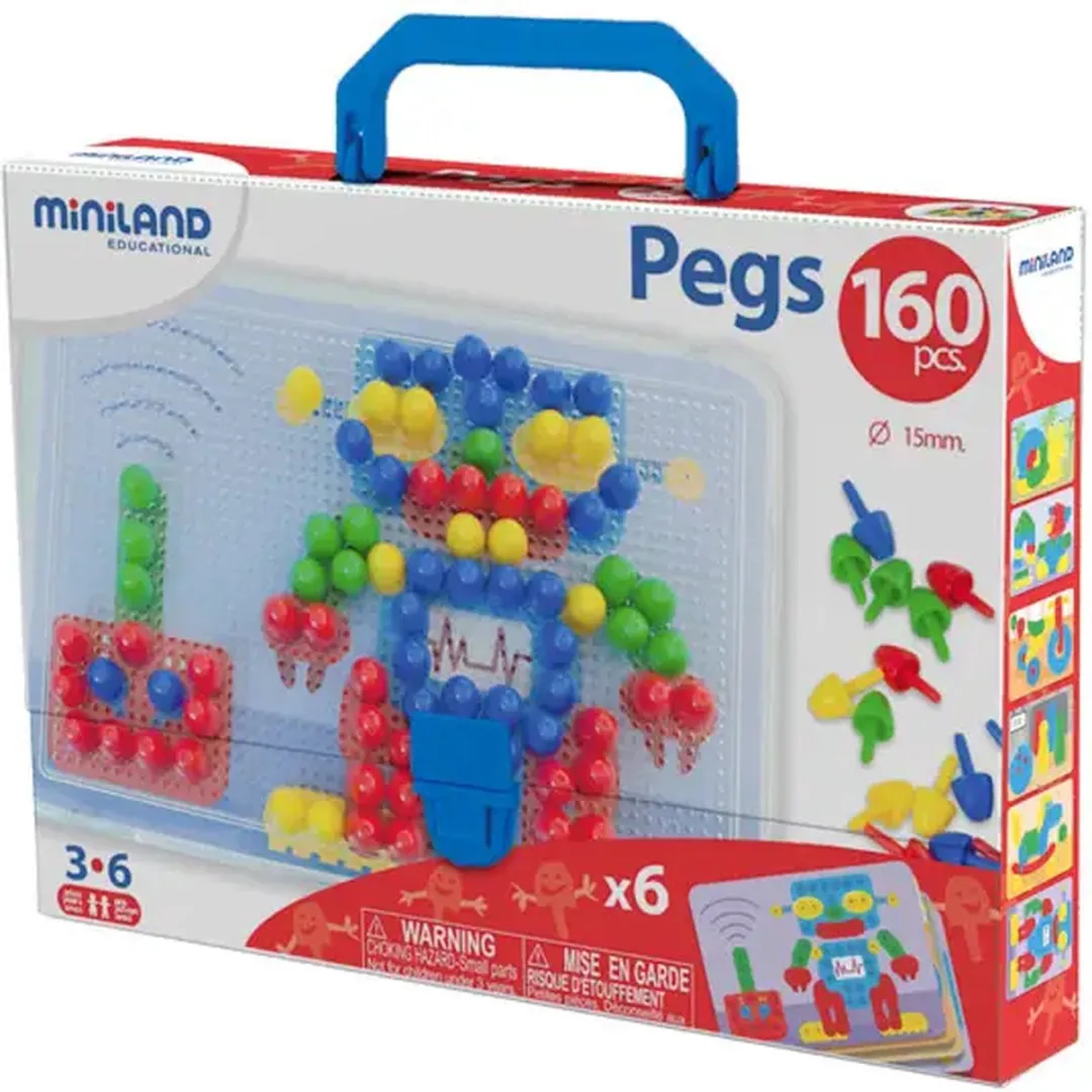 Miniland Mozaïek Pegs 15mm - 160 Stuks + 6 Werkbladen - Multicolor
