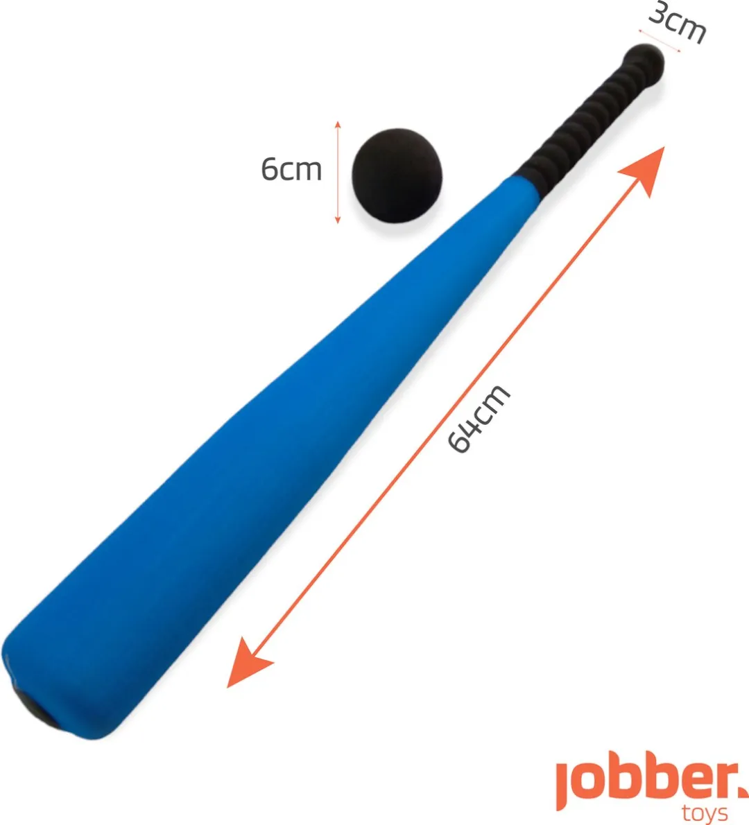 Jobber Toys Honkbalknuppel met Bal - Foam - Blauw/Zwart/Rood/Oranje