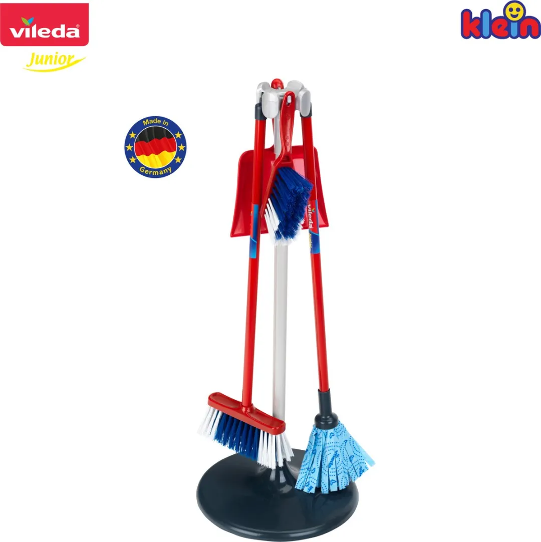 Klein Toys Vileda Schoonmaakstation - Stoffer, Blik & Bezems - 25x25x66cm - Rood/Blauw/Zwart
