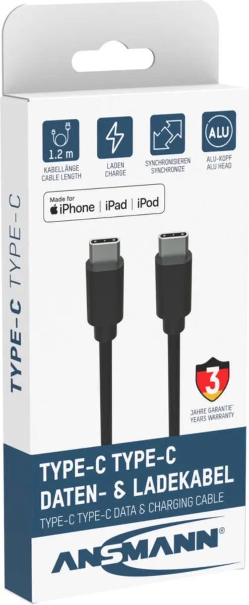 Ansmann USB-C kabel data en opladen 120 cm zwart snel laden.