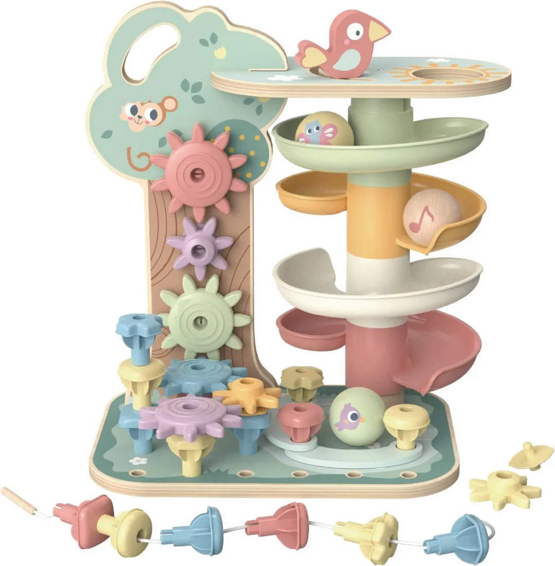 Tooky Toy Interactieve Houten Speelset Knikkerbaan & Tandwielen - 99999 Stuks - Pastelkleuren