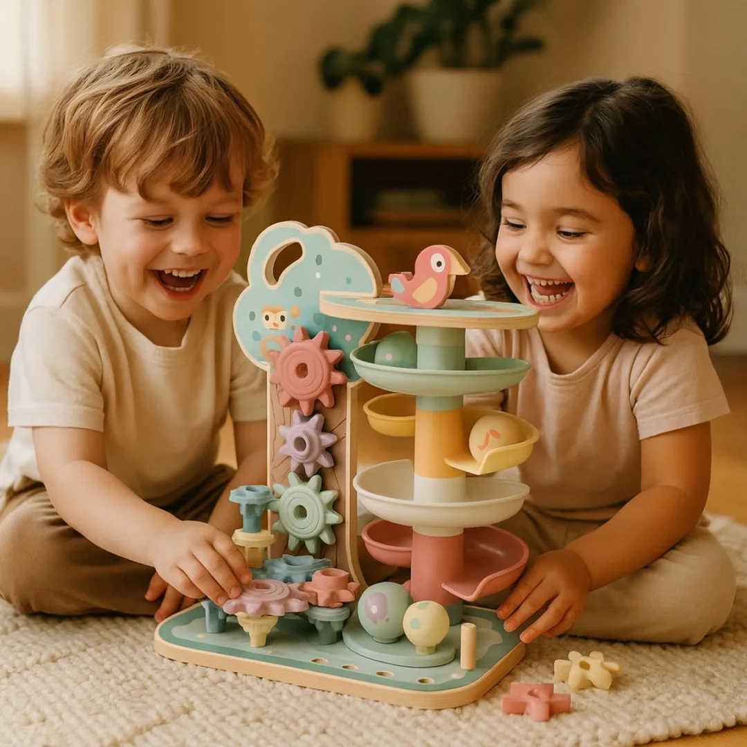 Tooky Toy Interactieve Houten Speelset Knikkerbaan & Tandwielen - 99999 Stuks - Pastelkleuren
