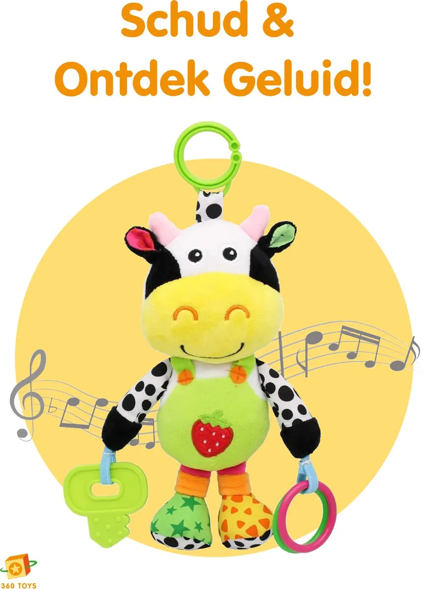 360 Toys® - Baby Knuffel - Bijtspeelgoed Koe - Bijtketting - BPA vrij - Baby speelgoed 6 maanden - Babyknuffel - Kauwketting - Baby speelgoed 0 jaar - Baby speelgoed 1 jaar