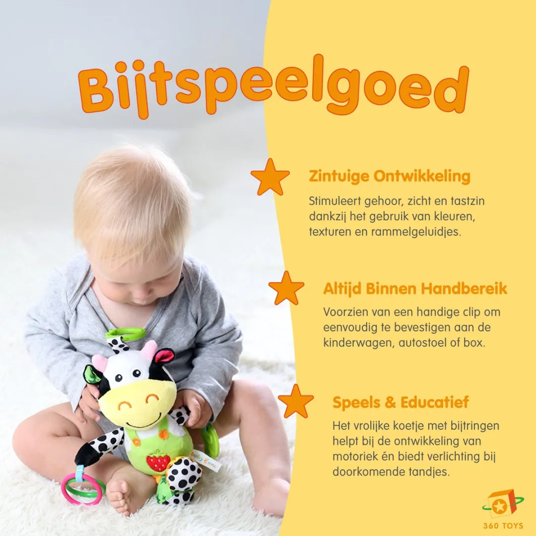360 Toys® - Baby Knuffel - Bijtspeelgoed Koe - Bijtketting - BPA vrij - Baby speelgoed 6 maanden - Babyknuffel - Kauwketting - Baby speelgoed 0 jaar - Baby speelgoed 1 jaar