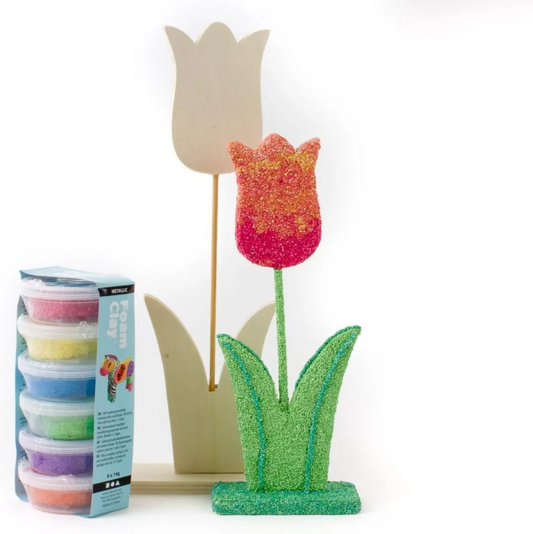 Foam Clay Tulpen Knutselpakket - 8 Stuks - Hout/Oranje/Paars/Groen/Blauw/Geel/Rood
