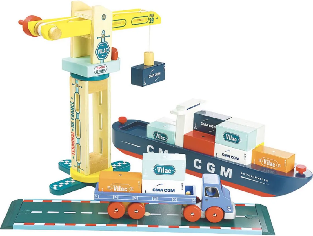 Vilac Containerschip Houten Magneten 45cm - Blauw/Rood/Groen