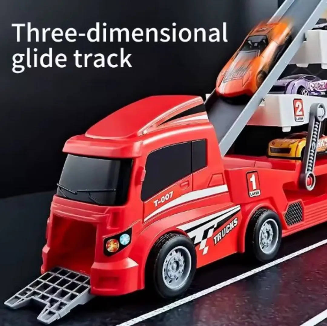 Rode Container Truck – Speelgoed Vrachtwagen met 6 Mini Auto’s – Opberg- & Speelset – Kleuren Willekeurig