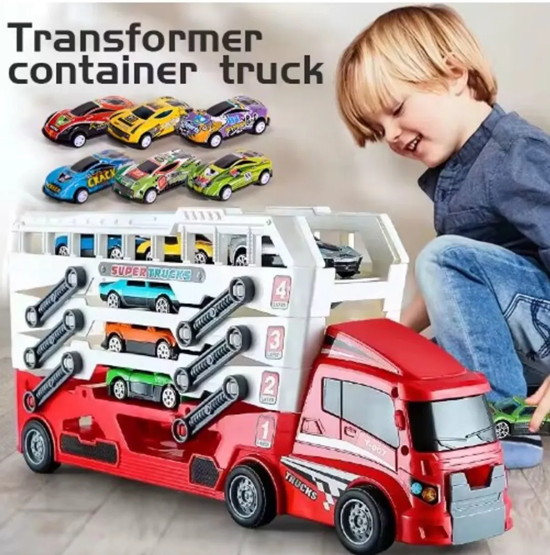 Rode Container Truck – Speelgoed Vrachtwagen met 6 Mini Auto’s – Opberg- & Speelset – Kleuren Willekeurig