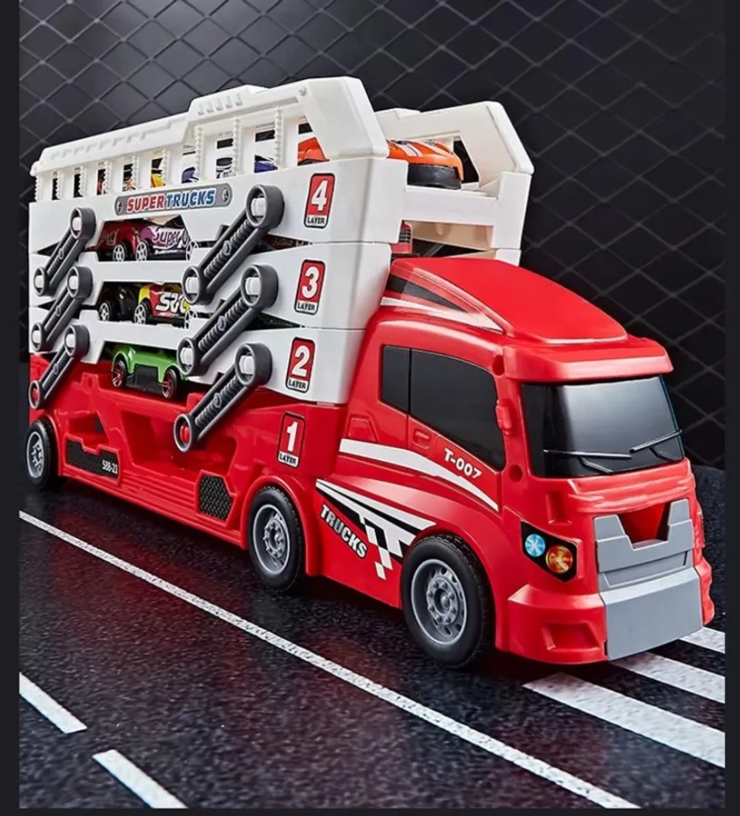 Rode Container Truck – Speelgoed Vrachtwagen met 6 Mini Auto’s – Opberg- & Speelset – Kleuren Willekeurig