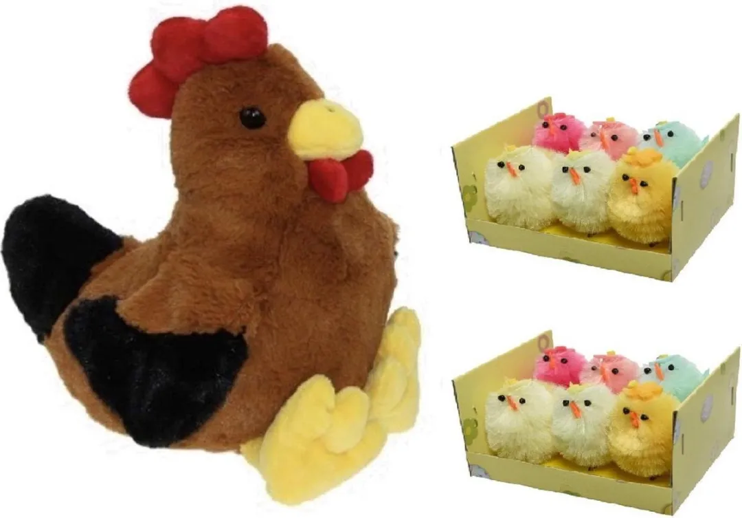 Decoris Pluche Bruine Kippenknuffel 25cm - 12x Mini Kuikentjes 4cm