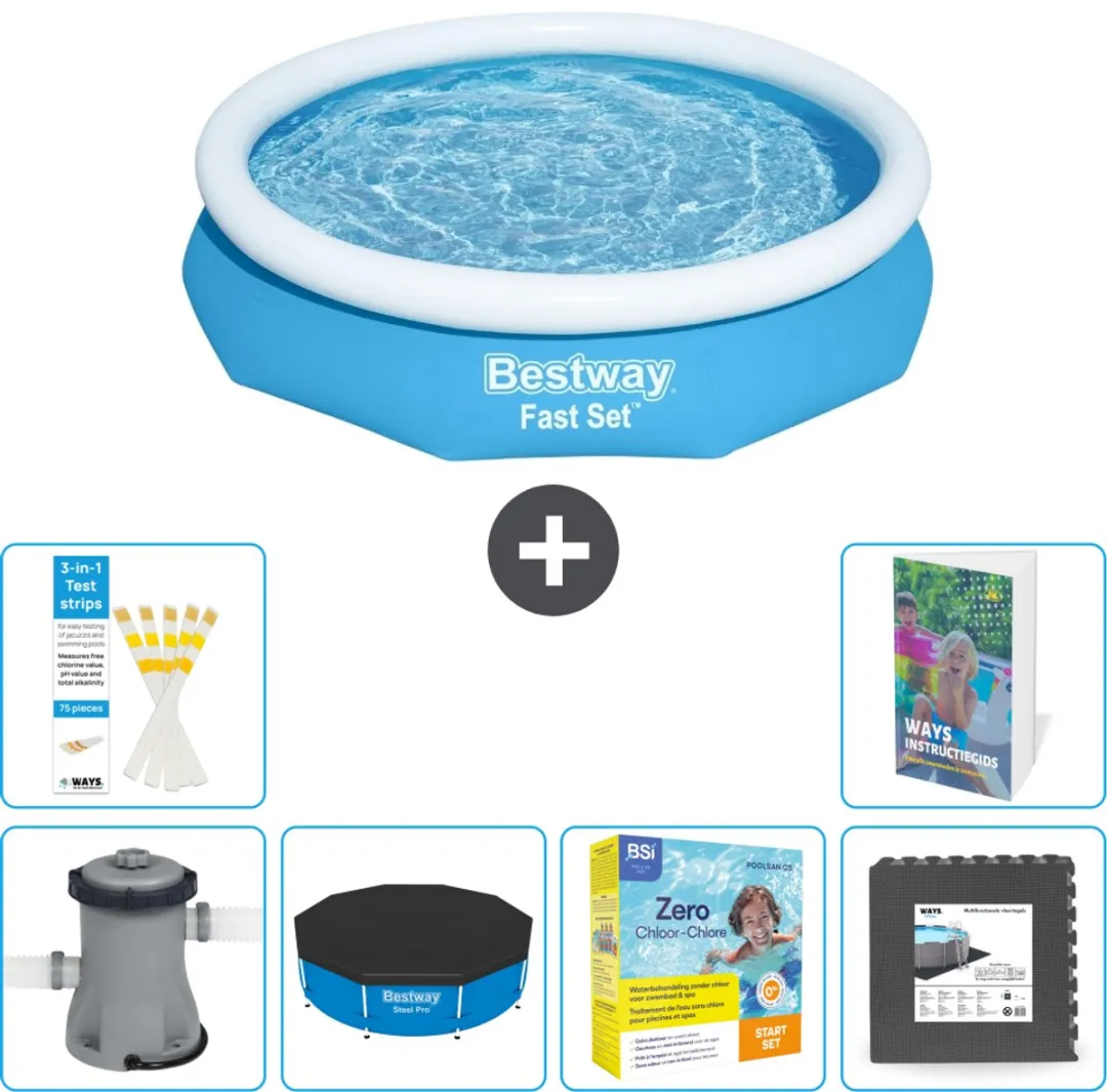 Bestway Rond Opblaasbaar Fast Set Zwembad - 305 x 66 cm - Blauw - Inclusief Pomp Afdekzeil - Onderhoudspakket - Vloertegels - 7-delig