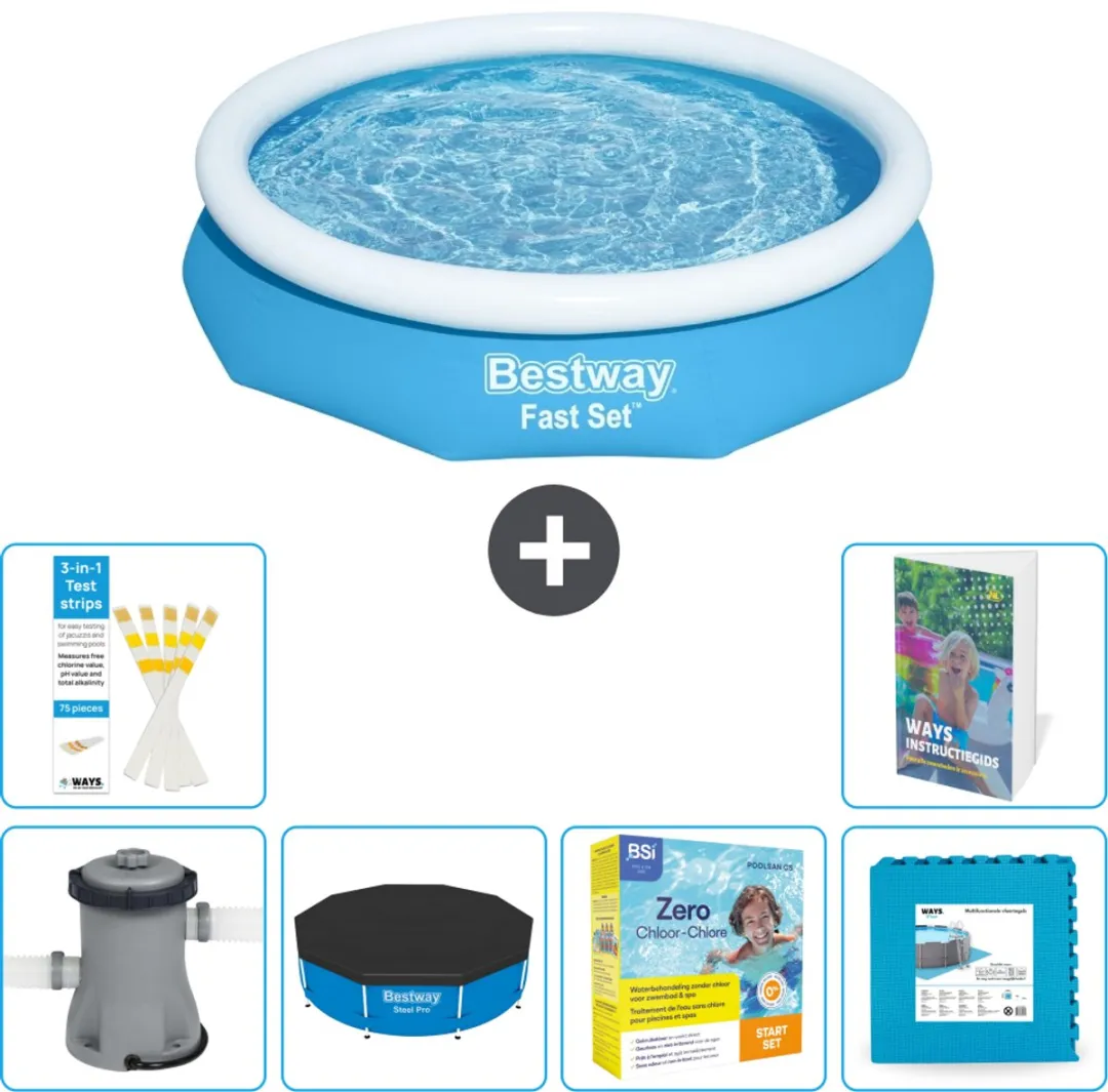 Bestway Rond Opblaasbaar Fast Set Zwembad - 305 x 66 cm - Blauw - Inclusief Pomp Afdekzeil - Onderhoudspakket - Vloertegels - 7-delig